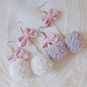 Pom-Pom Bow Earrings • Fluffy Pastel Ball Dangles • Cute Soft Girl Jewelry • Cottagecore Statement Earrings • Gift for Her