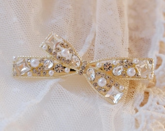 Sparkling Bow Wedding Hair Clip • Pearl Crystal Bridal Hair Accessory • Romantic Gold Hair Barrette • Elegant Bride Hair Piece