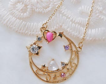 Crescent Moon Necklace • Kawaii Magical Girl Jewelry • Anime Lolita Pendant • Celestial Heart & Star Charm • Cute Cosplay Accessory