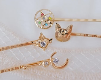 Sailor Moon Hair Pin Set • Magical Girl Moon Star Cat Hair Clips • Kawaii Anime Bobby Pins • Celestial Accessory Gift • Cosplay Hair Set