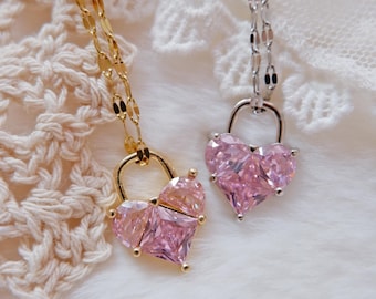 Pink Heart Lock Necklace • CZ Statement Necklace • Stainless Steel Chain • Romantic Wedding Jewelry • Cute Gift for Her