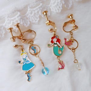 Screw-Back Disney Princess Earrings • Cinderella & Ariel Charm Clips • Under-the-Sea Kawaii Jewelry • Gift for Disney Fans