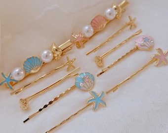 Marine Shell Starfish Summer 5 Hair Pin Set • Pearl Seashell Bobby Pins • Beach Wedding Hair Accessories • Coastal Mermaid Clip