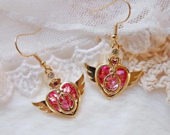 Magical Girl Winged Heart Earrings • Pink Crystal Dangle • Anime Cosplay Jewelry • Kawaii Gift • Valentine • Sailor Moon Inspired