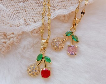 Cherry Necklace • Gold Dainty Fruit Pendant • Cute Coquette Jewelry • Pink Red Cherry Charm • Summer Gift for Her
