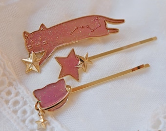 Cat Hair Clip and Hair Pin Set • Pink Kawaii Kitty Barrettes • Star Planet Bobby Pins • Cute Celestial Gift for Cat Lovers