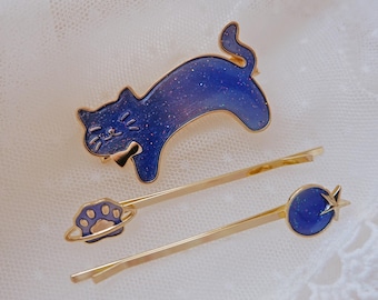 Kitty Cat Hair Clip and Pin Set • Blue Galaxy Cat Barrette • Kawaii Celestial Bobby Pins • Cute Anime Hair Accessories
