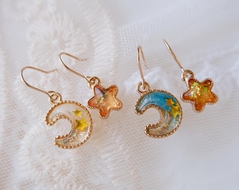 Celestial Mismatch Moon Star Earrings • Asymmetric Dangle Drop • Evening / Festival Statement • Gift for Her • Cosmic & Whimsical Style