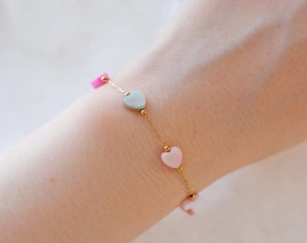Dainty Heart Bracelet •  Stainless Steel Chain Bracelet • Pastel Pink Layering Jewelry • Cute Gift for Her • Coquette Style