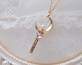 Moon Wand Necklace • Sailor Moon Inspired • Crescent Magic Wand • Kawaii Magical Girl Cosplay • Celestial Jewelry Gift • Pearl Pink Heart