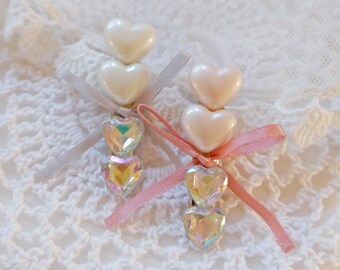 Pearl Heart Bow Hair Clip • Aurora Crystal Heart Barrette • Coquette Kawaii Hair Accessory • Valentine Pastel Pink • Lolita Fairy Kei Style
