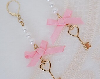Kawaii Heart Key Earrings • Lolita Pearl Bow Dangle • Pink Ribbon Earrings • Fairy Kei Jewelry • Cute Gift for Her • Princesscore Accessory