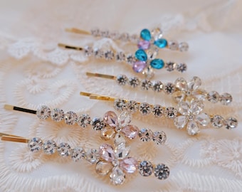 Flower Sparkling Wedding Hair Pin Set • Crystal Floral Bobby Pins • Bridal Hair Accessories • Spring Prom Hair Pins • 3 Color Options