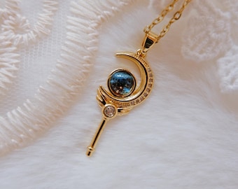 Moon Wand Necklace • Crescent Moon Pendant • Celestial Magical Girl Jewelry •  Kawaii Fairycore Aesthetic • Stainless Steel