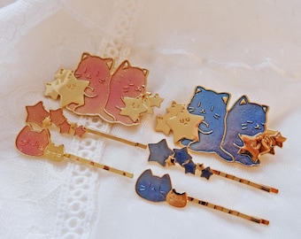 Kawaii Kitty Hair Clip Set • Cat Hair Pin Set • Pink Blue Hair Clips • Star Bobby Pins • Celestial Cat Hair Accessories • Cute Gift