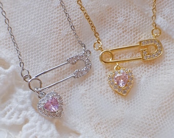 Safety Pin Heart Necklace • Coquette Kawaii Y2K • Sparkly Pink Heart Charm • Dainty Layering • Stainless Steel Chain • Gold Silver Gift