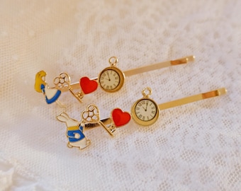 Alice Rabbit-haarspeldenset • Haarspeld wit konijn klok • Wonderland Heart Key-speldjes • Sprookjesspeldje • Tea Partycadeau