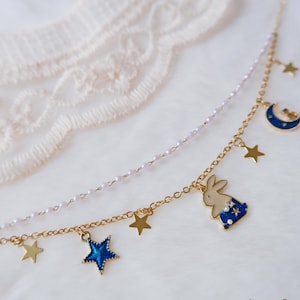 Moon Bunny Bracelet • Kawaii Double Chain Bracelet • Star Charm Jewelry • Faux Pearl Celestial Bracelet • Anime-Inspired Gift for Her