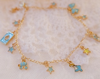 Alice in Wonderland Bracelet • Blue Charm Bracelet • White Rabbit Bow Stars • Fairytale Coquette Fairycore • Tea Party Gift for Her