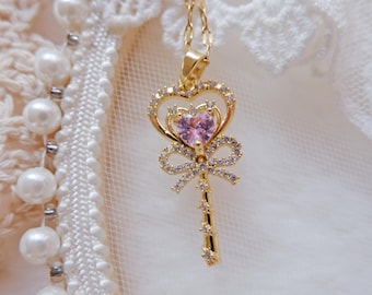 Magic Wand Key Necklace • Kawaii Lolita Necklace • Pink Heart Pendant • Magical Girl Jewelry • Princess Gift • Fairycore Anime