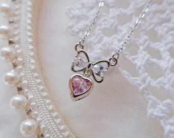 Heart Bow Wedding Necklace • Pink Heart Pendant • Romantic Silver Bow Necklace • Stainless Steel Chain • Sparkling Coquette Gift