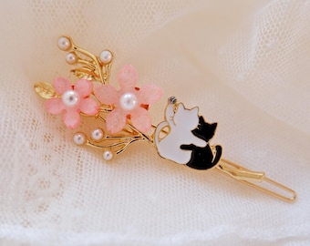 Kitty Sakura Hair Clip • Cherry Blossom Cat Barrette • Kawaii Japanese Style Hair Accessory • Spring Floral Clip • Cute Gift for Her
