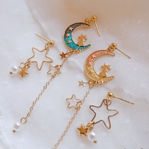 Brincos de gatinho e lua assimétricos • Brincos pendentes de gato e estrela • Joias celestiais kawaii • Estilo fairycore fofo • Presente para amantes de gatos