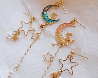 Mismatched Kitty Moon Earrings • Cat & Star Dangle Earrings • Kawaii Celestial Jewelry • Cute Fairycore Style • Gift for Cat Lovers