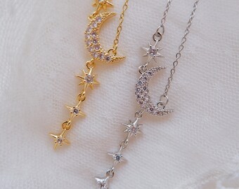 Star Crescent Moon Sparkling Necklace • Celestial Dainty Pendant • Gold Silver Moon Star Necklace • Minimalist Gift for Her