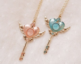 Sailor Moon Inspired Wand Necklace • Magical Girl Key Heart Pendant • Kawaii Anime Cosplay Jewelry • Gift for Her • Pastel & Winged