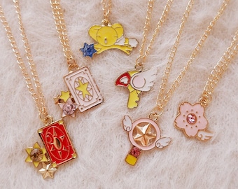 Cardcaptor Sakura Necklace Set • Kero, Clow Card, Key Wand & Sakura Flower Charms • Anime Magical Girl Jewelry • Kawaii Gift for Her