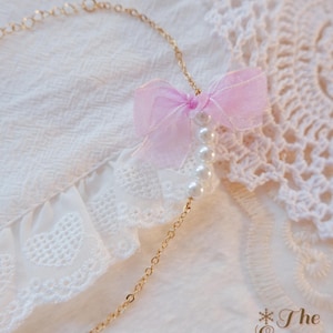 Purple Bow Pearl Bracelet • Cute Kawaii Jewelry • Coquette Aesthetic Bracelet • Pastel Gift for Her • Gold Chain Bracelet • Soft Girl Style image 4