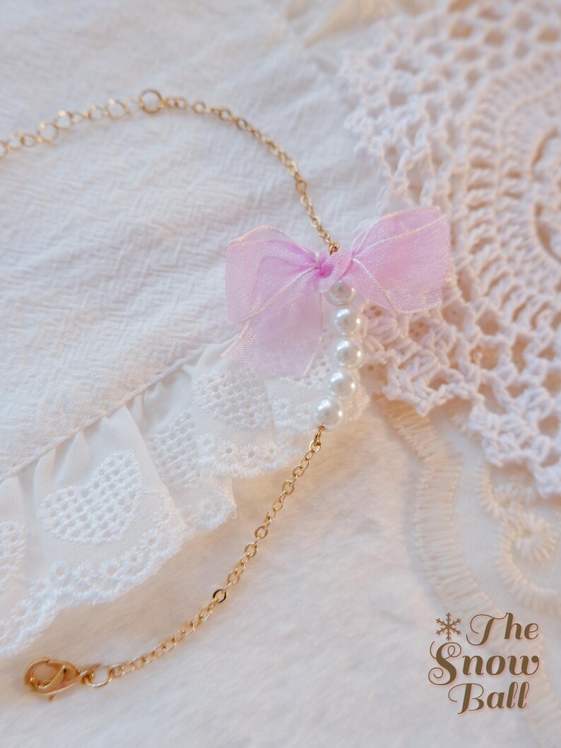 Purple Bow Pearl Bracelet • Cute Kawaii Jewelry • Coquette Aesthetic Bracelet • Pastel Gift for Her • Gold Chain Bracelet • Soft Girl Style image 4