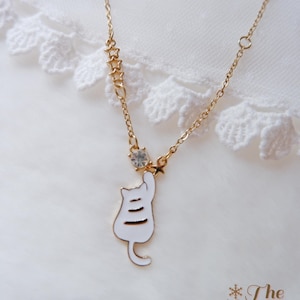 Cat Pendant Necklace • Dainty Kitty Outline Charm • Minimalist Gold & White • Tiny Star Accent • Kawaii J-Fashion • Cat Lover Gift