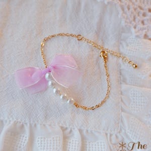Purple Bow Pearl Bracelet • Cute Kawaii Jewelry • Coquette Aesthetic Bracelet • Pastel Gift for Her • Gold Chain Bracelet • Soft Girl Style image 2