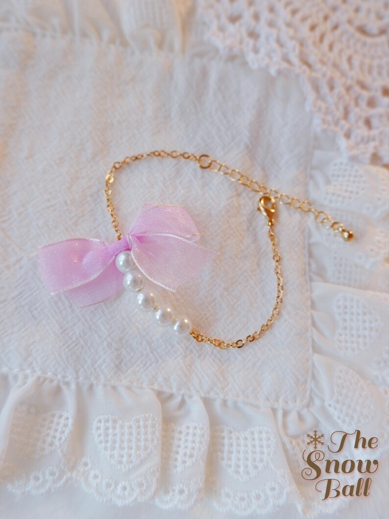 Purple Bow Pearl Bracelet • Cute Kawaii Jewelry • Coquette Aesthetic Bracelet • Pastel Gift for Her • Gold Chain Bracelet • Soft Girl Style image 2