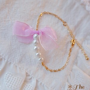 Purple Bow Pearl Bracelet • Cute Kawaii Jewelry • Coquette Aesthetic Bracelet • Pastel Gift for Her • Gold Chain Bracelet • Soft Girl Style image 3