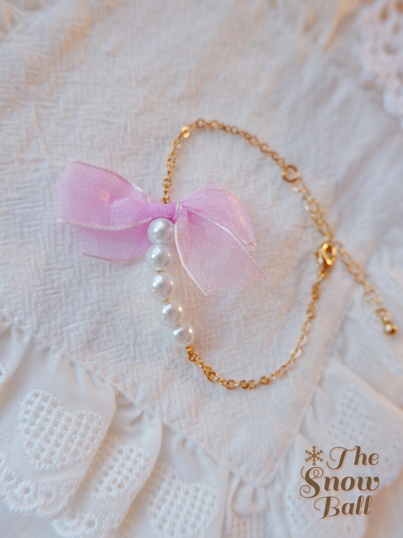 Purple Bow Pearl Bracelet • Cute Kawaii Jewelry • Coquette Aesthetic Bracelet • Pastel Gift for Her • Gold Chain Bracelet • Soft Girl Style image 3