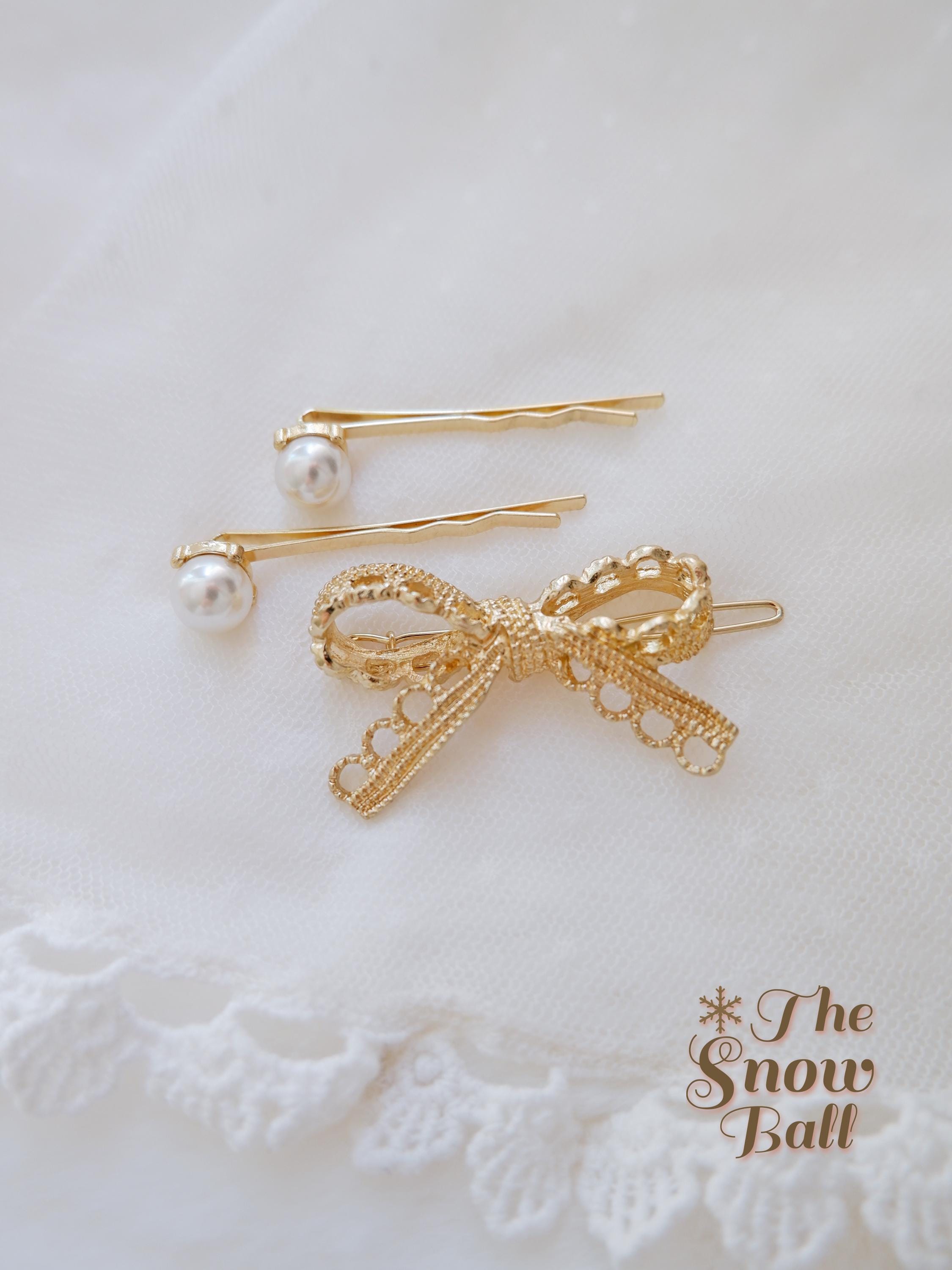 NEW! Elegant Chic Pearl Bow & Gold Tone Hair Clip Set Luxelocks Pack of 2 pcs Elegant Pearl Bow Hair Clip, Gold  main image 3
