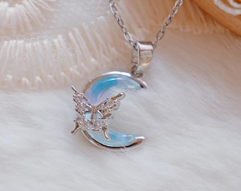 Moon Butterfly Romantic Necklace • Crescent Moon Pendant • Celestial Fairycore Necklace • Dreamy Blue Necklace • Gift for Her