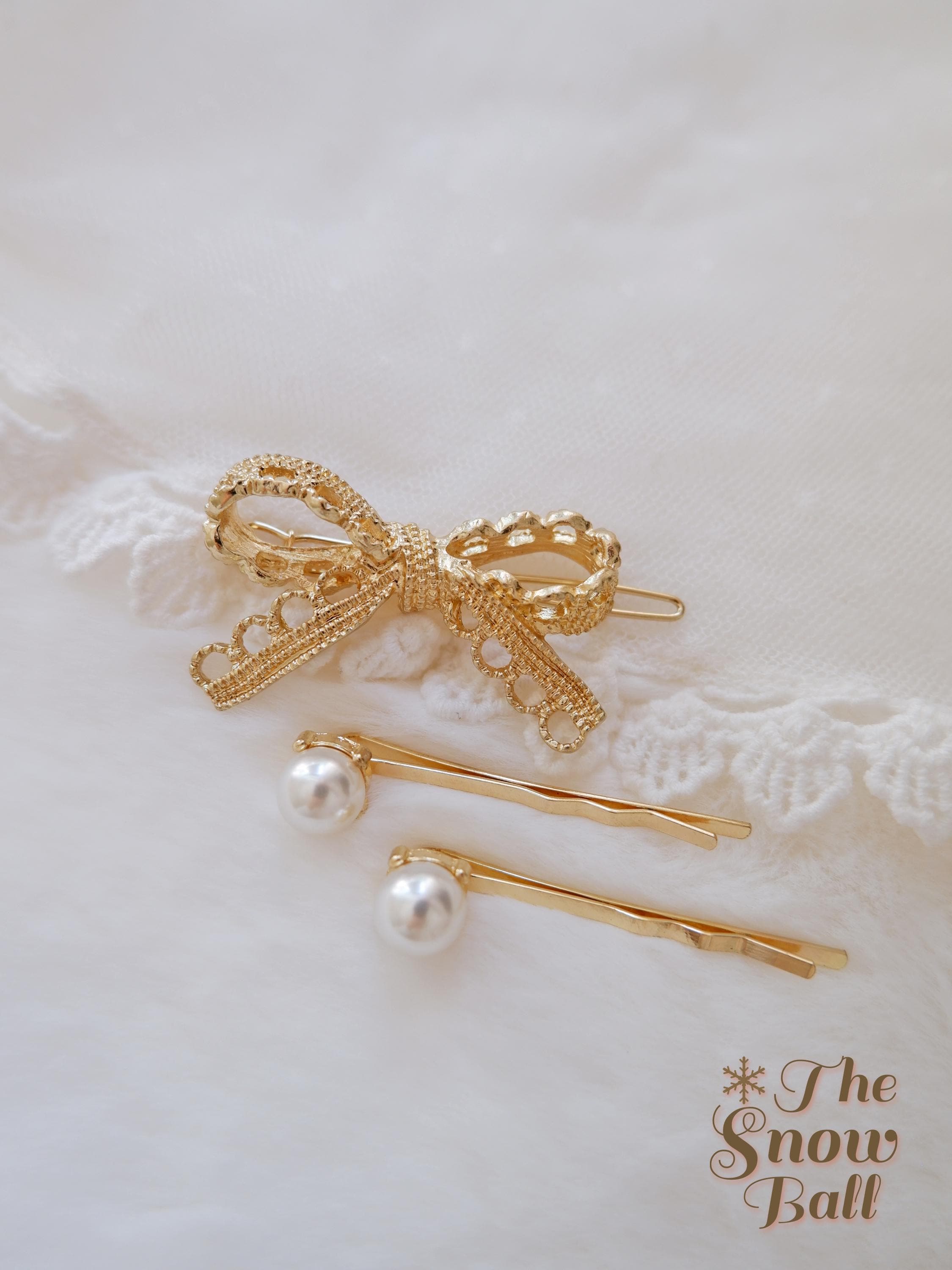Gold Rococo Bow Hair Clip Set • Pearl Bobby Pins • Coquette  display picture 2