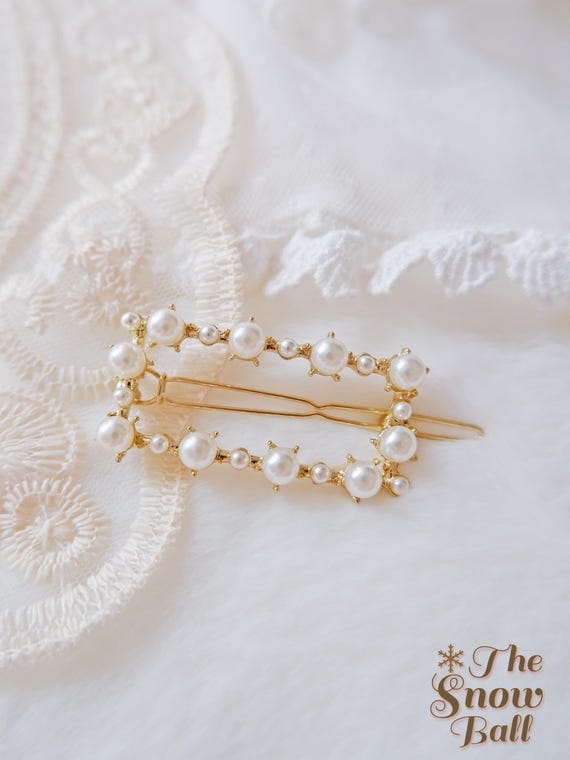 Pearl Rectangle Hair Clip • Elegant Gold Hair Barrette  display picture 1