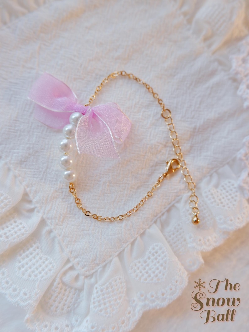 Purple Bow Pearl Bracelet • Cute Kawaii Jewelry • Coquette Aesthetic Bracelet • Pastel Gift for Her • Gold Chain Bracelet • Soft Girl Style image 1