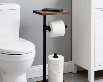 HEAVY BASE Toilet Paper Stand with Shelf, TP Holder, Pipe Bathroom Fixture, Rustic Decor, Industrial Holder Wood Stand Paper Dispenser, Gift