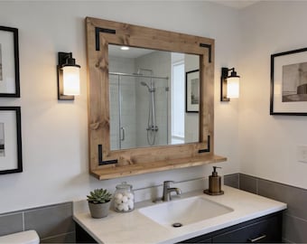Bathroom Mirror with 3.5" Deep Shelf,Rustic Farmhouse Mirror,Entryway Mirror,Rustic Shelf,Wall Storage Mirror,Farmhouse Decor,Key Holder