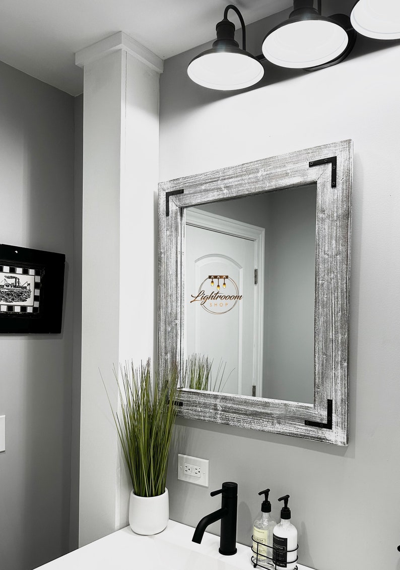 WHITEWASH Mirror Bathroom Wood Frame Mirror Rustic Wood Etsy