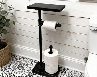 Toilet Paper Stand with Shelf,Extra Storage Option,3 Rolls Floor Stand,Free Stand,Rustic Industrial Stand,Paper Dispenser,Wood Pipe Holder