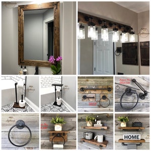 Puede incluir: Una colecci&oacute;n de accesorios de ba&ntilde;o con marcos de madera te&ntilde;ida oscura y herrajes de tuber&iacute;a industrial negra. Los art&iacute;culos incluyen un espejo rectangular, una l&aacute;mpara de tocador con frascos de vidrio, portarrollos, toalleros y estantes de pared.