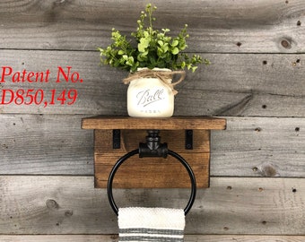 DESIGNED BY LIGHTROOOM, Hand Towel Ring Holder With Shelf And Backing Wood, Farmhouse Bathroom Decor, Pipe Industrial Rustic, Wall Shelf