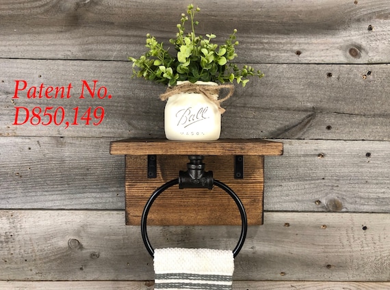 DESIGNED BY LIGHTROOOM, Hand Towel Ring Holder With Shelf and Backing Wood,  Farmhouse Bathroom Decor, Pipe Industrial Rustic, Wall Shelf 